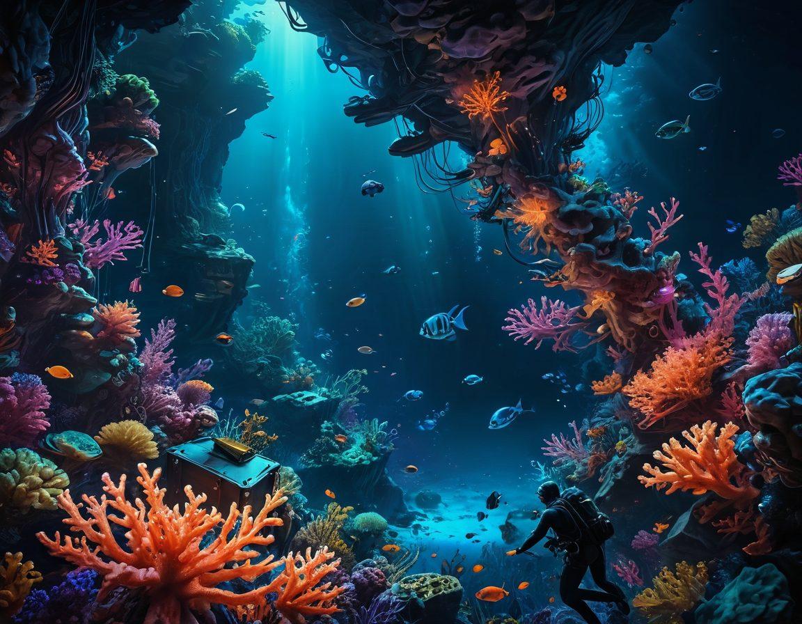 An intricate illustration of interconnected blockchain nodes glowing in a deep ocean blue, with digital dApps represented as vibrant coral reefs, and testing strategies depicted as diving equipment scattered around. The scene should feel immersive and futuristic, highlighting both technology and nature's beauty. A group of divers can be seen exploring this underwater tech world, emphasizing collaboration and discovery. cyberpunk. super-realistic. vibrant colors.